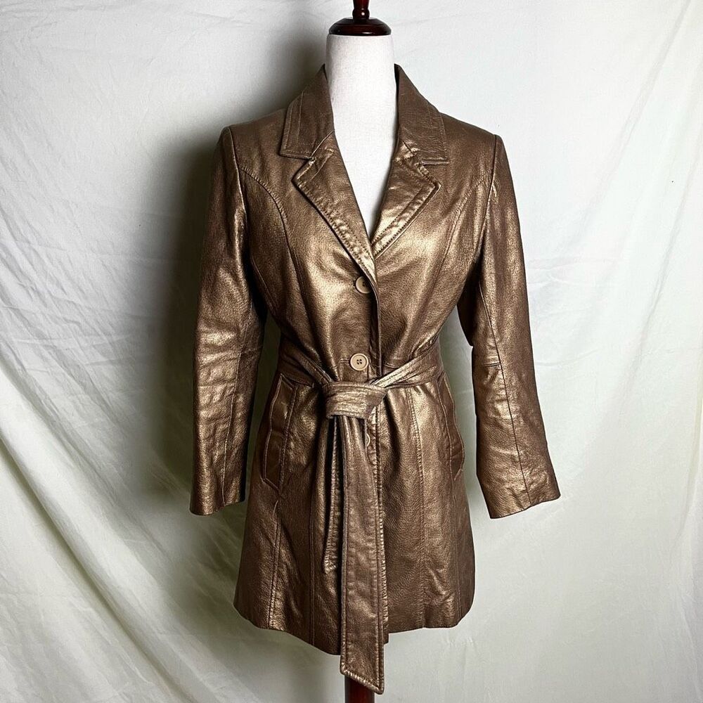 Vintage Y2K Gold Leather Short Trench Coat Belted Jacket Button Down Small